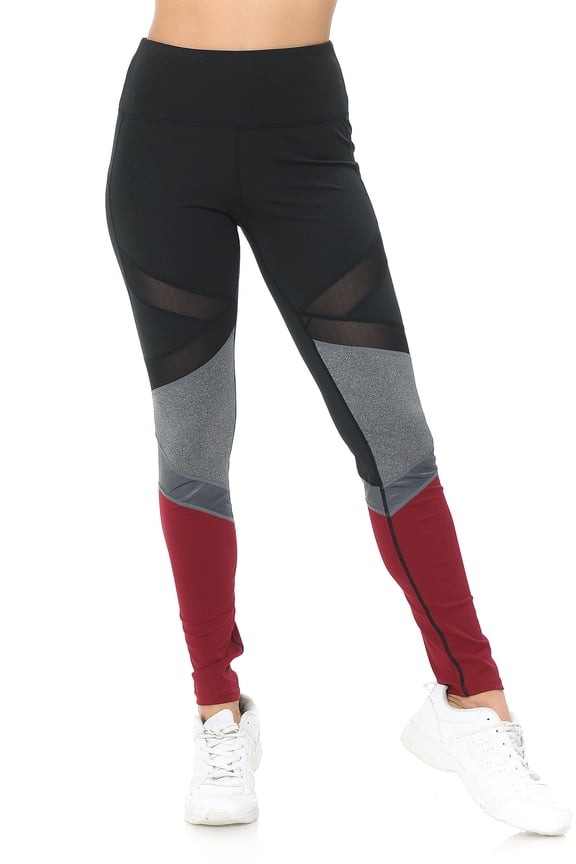 Sassy Sport Contour Mesh Color Block Workout Leggings Burgundy L/XL