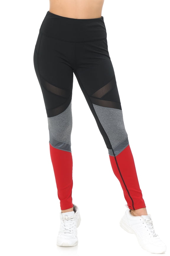 Sassy Sport Contour Mesh Color Block Workout Leggings Red L/XL