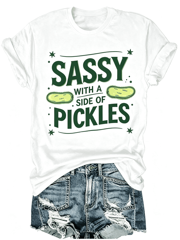 Sassy With A Side Of Pickles Cute Cartoon Pickle Graphic T-Shirt, Funny Food Lover Sarcastic Quote Casual Short Sleeve Tee For Women
