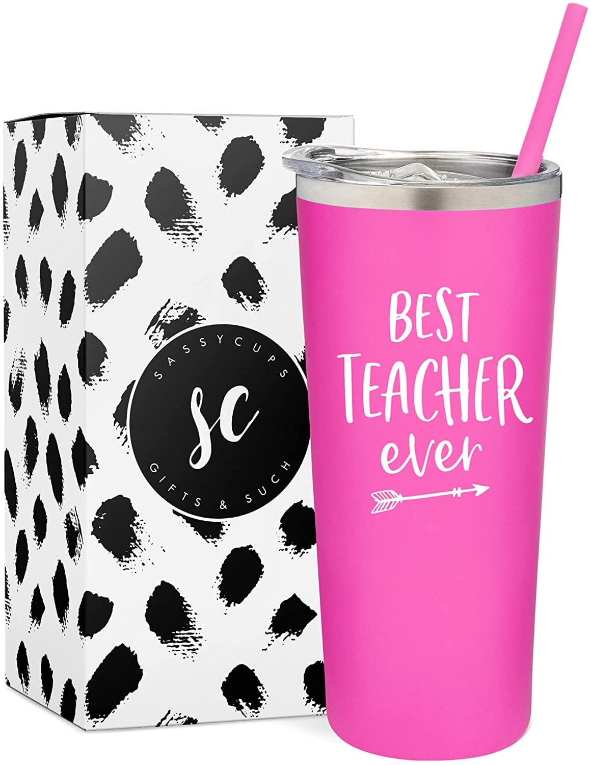 Pretty Best Teacher - Floral - Pink Acrylic Tumbler with Straw