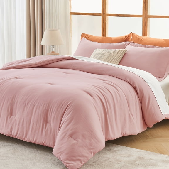 Sasttie 3 Piece Full Size Comforter Set Pink, Solid Bedding for All Seasons