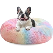 Sasttie 36in Calming Donut Dog Bed, Washable Round Plush Faux Fur Pet Bed, Rainbow