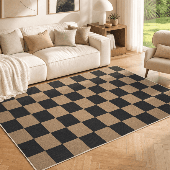 Sasttie 5'x7' Checkered Easy Jute Area Rug, Outdoor Patio Rug Washable Rugs for Entryway Checkerboard Indoor Outdoor Rugs, Black & Natural