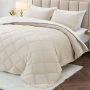Sasttie 7 Pieces Queen Comforter Set, Reversible Bed in a Bag, All Season Bedding Set with Comforter, Flat Sheet, Fitted Sheet, Pillowcases & Shams, Beige & Whi