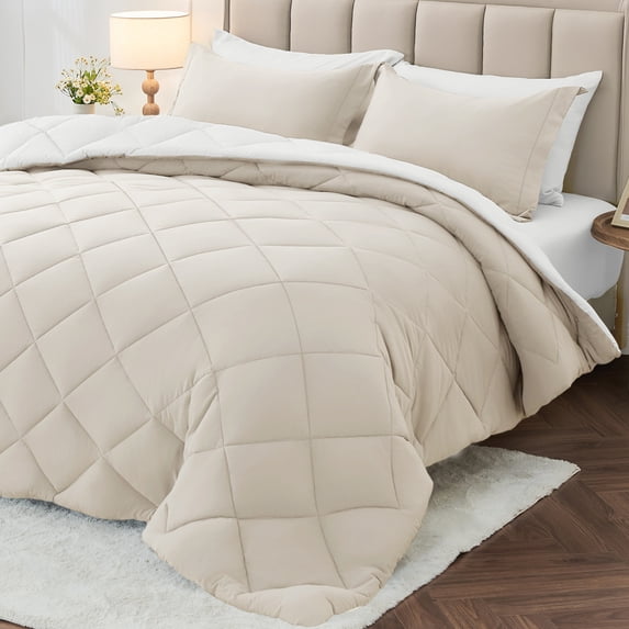 Sasttie 7 Pieces Queen Comforter Set, Reversible Bed in a Bag, All Season Bedding Set with Comforter, Flat Sheet, Fitted Sheet, Pillowcases & Shams, Beige & White