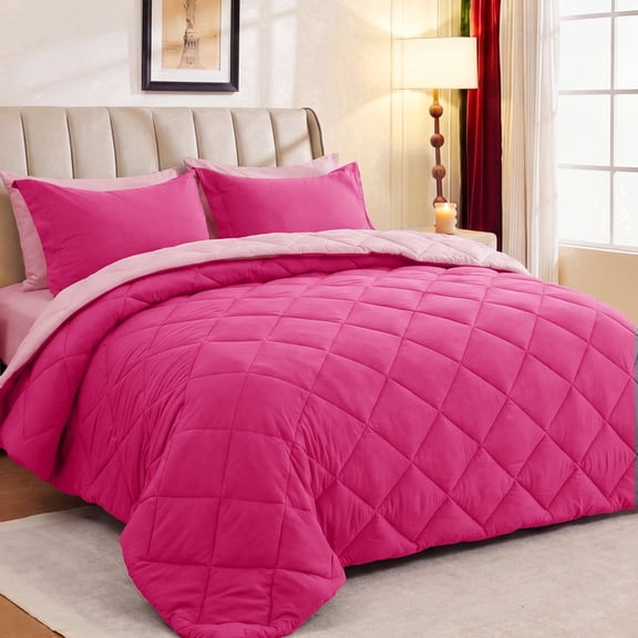 Sasttie 7 Pieces Queen Comforter Set, Reversible Bed in a Bag, All Season Bedding Set with Comforter, Flat Sheet, Fitted Sheet, Pillowcases & Shams, Hot Pink & Baby Pink