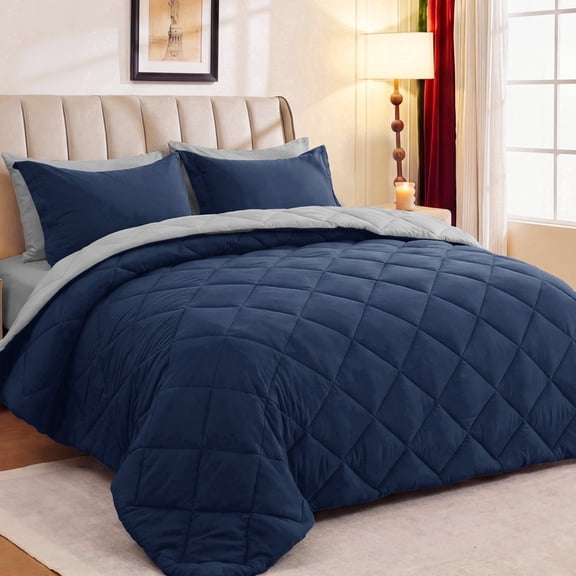Sasttie 7 Pieces Queen Comforter Set, Reversible Bed in a Bag, All Season Bedding Set with Comforter, Flat Sheet, Fitted Sheet, Pillowcases & Shams, Navy & Light Grey