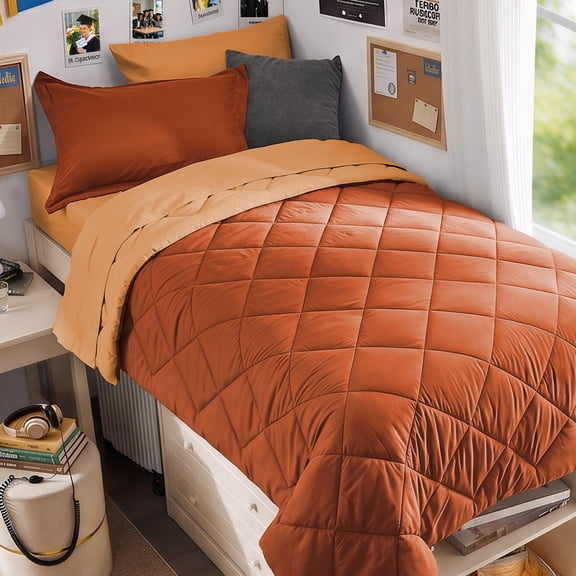 Sasttie 7 Pieces Twin Comforter Set, Reversible Bed in a Bag, All Season Bedding Set with Comforter, Flat Sheet, Fitted Sheet, Pillowcases & Shams, Burnt Orange & Camel