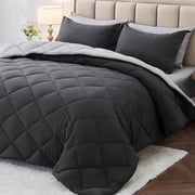 Sasttie 7 Pieces Twin Comforter Set, Reversible Bed in a Bag, All Season Bedding Set with Comforter, Flat Sheet, Fitted Sheet, Pillowcases & Shams, Dark Grey & 
