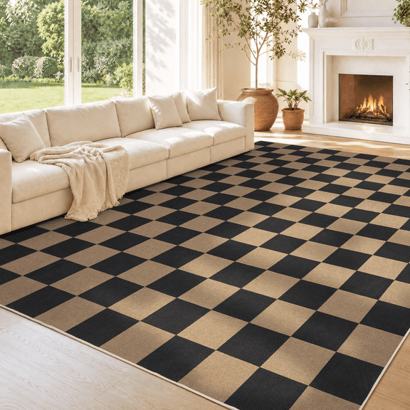 Sasttie 9'x12' Checkered Easy Jute Area Rug,Outdoor Patio Rug Washable Rugs for Entryway Checkerboard Indoor Outdoor Rugs, Red & Black & Natural