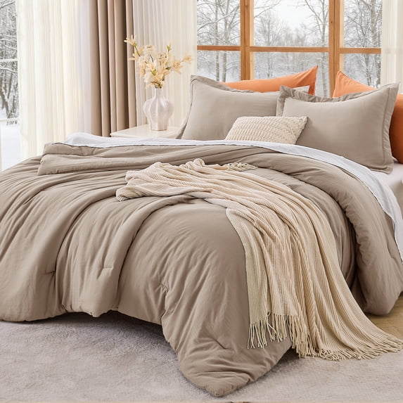 Sasttie Queen Comforter Set Dark Linen, 3 Piece Solid Bedding for All Seasons, Soft and Breathable Down Alternative Bed Set with 2 Pillowshams