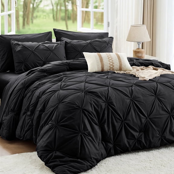 Sasttie King Size Comforter Set, 7-Piece Bed in a Bag, Pintuck Bedding Sets for All Season, Black
