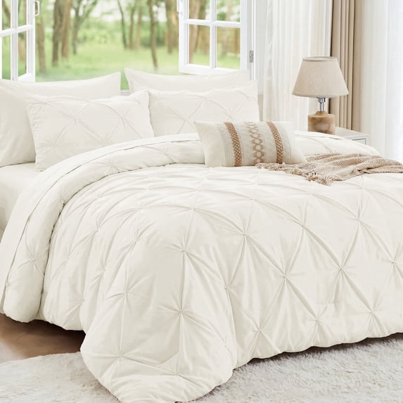 Sasttie King Size Comforter Set, 7-Piece Bed in a Bag, Pintuck Bedding Sets for All Season, Ivory