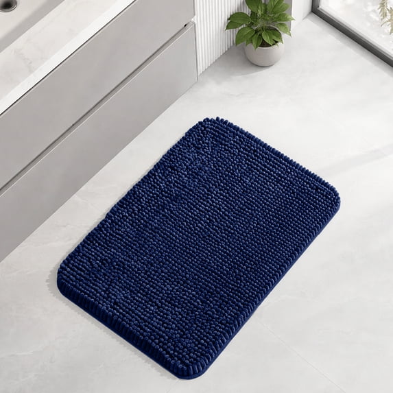 Sasttie Chenille Bathroom Rugs 17x24, Quick Dry Machine Washable Bath Mats with Rubber Backing, Navy