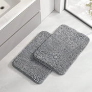 Sasttie Chenille Bathroom Rugs 17x24, 2 Pack Quick Dry Machine Washable Bath Mats with Rubber Backing, Grey
