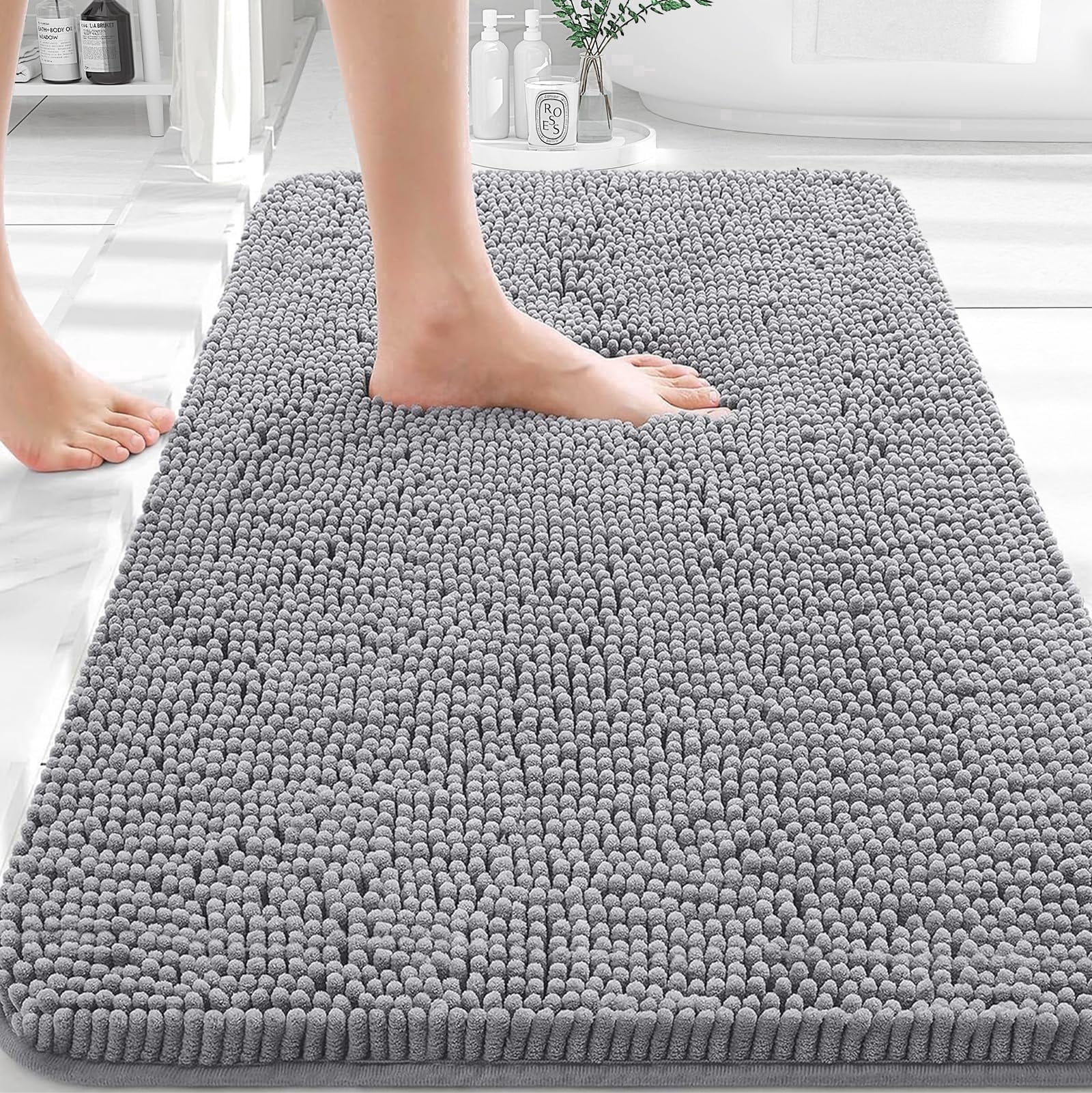 Sasttie Chenille Bathroom Rug Set, 2-Piece Soft Absorbent Non-Slip Bath Mats, Machine Washable, Grey, 17"X24"
