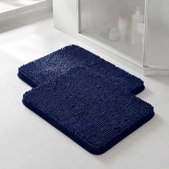 Sasttie Chenille Bathroom Rugs 20x24, 2 Pack Quick Dry Machine Washable Bath Mats with Rubber Backing,Navy