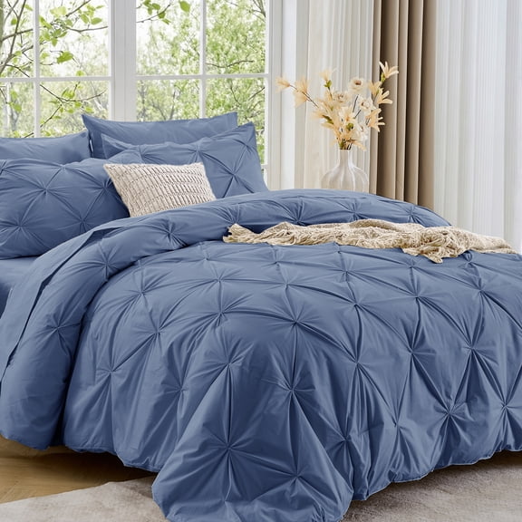Sasttie King Size Comforter Set, 7-Piece Bed in a Bag, Pintuck Bedding Sets for All Season, Slate Blue
