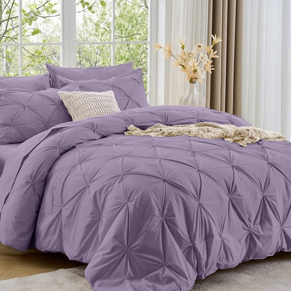 Sasttie King Size Comforter Set, 7-Piece Bed in a Bag, Pintuck Bedding Sets for All Season, New Purple