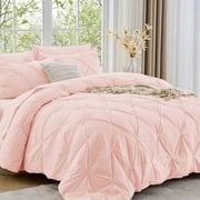 Sasttie Queen Size Comforter Set, 7-Piece Bed in a Bag, Pintuck Bedding Sets for All Season, Blush Pink
