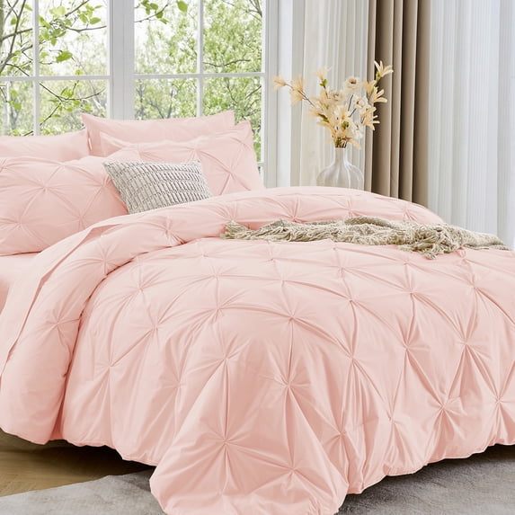 Sasttie Queen Size Comforter Set, 7-Piece Bed in a Bag, Pintuck Bedding Sets for All Season, Blush Pink