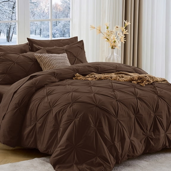 Sasttie Full Size Comforter Set, 7-Piece Bed in a Bag, Pintuck Bedding Sets for All Season, Dark Brown