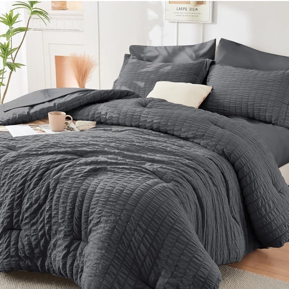 Sasttie Queen Comforter Set Seersucker 7 Pieces, All Season Luxury Bed in a Bag for Bedroom, Bedding Set with Comforters, Sheets, Pillowcases & Shams, Dark Grey