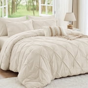 Sasttie Queen Size Comforter Set, 7-Piece Bed in a Bag, Pintuck Bedding Sets for All Season, Beige