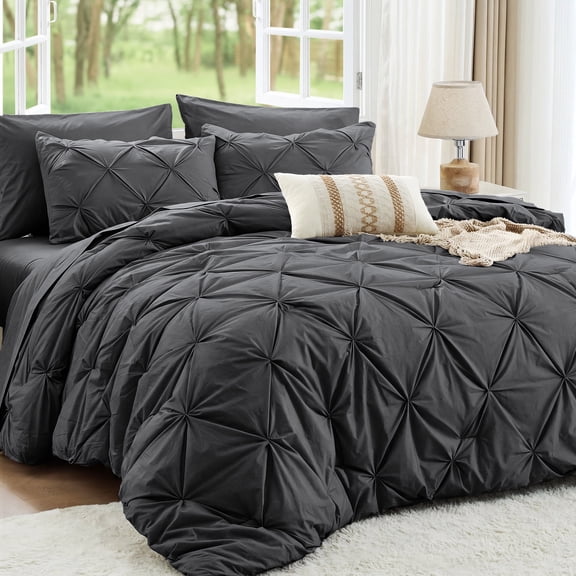 Sasttie Queen Size Comforter Set, 7-Piece Bed in a Bag, Pintuck Bedding Sets for All Season, Dark Grey