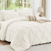 Sasttie Queen Size Comforter Set, 7-Piece Bed in a Bag, Pintuck Bedding Sets for All Season, Ivory