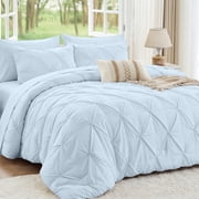Sasttie Queen Size Comforter Set, 7-Piece Bed in a Bag, Pintuck Bedding Sets for All Season, Light Blue