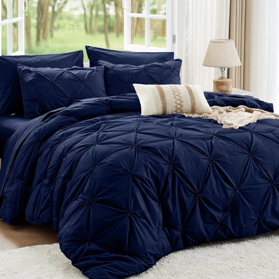 Sasttie Queen Size Comforter Set, 7-Piece Bed in a Bag, Pintuck Bedding Sets for All Season, Navy