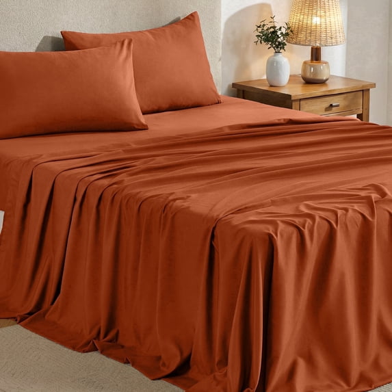 Sasttie Queen Size Sheets Set Brushed Microfiber, 4 Piece Sheet Set Upto 16 Inches Deep Pocket Bedding Sheets & Pillowcases - Burnt Orange