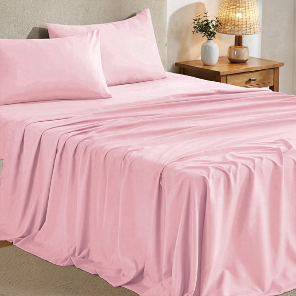 Sasttie Queen Size Sheets Set Brushed Microfiber, 4 Piece Sheet Set Upto 16 Inches Deep Pocket Bedding Sheets & Pillowcases - Pink