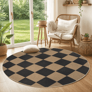 Sasttie Round 4ft Checkered Easy Jute Area Rug, Outdoor Patio Rug Washable Rugs for Entryway Checkerboard Indoor Outdoor Rugs, Black & Natural