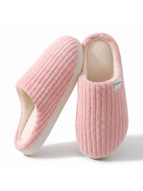 Slippers for Women, Warm Memory Foam Comfy House Slippers with Anti-Skid Rubber Sole for Indoor and Outdoor, Pink & 7-8