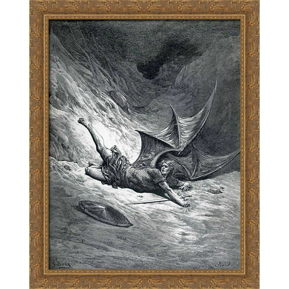 Satan Shown as the Fallen Angel after Having Been Smitten 28x34 Large Gold Ornate Wood Framed Canvas Art by Gustave Dore