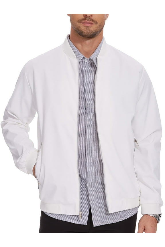 Men's Bomber Jacket Lightweight Casual Flight Windbreaker Zip Up Coat with Pocket White XL