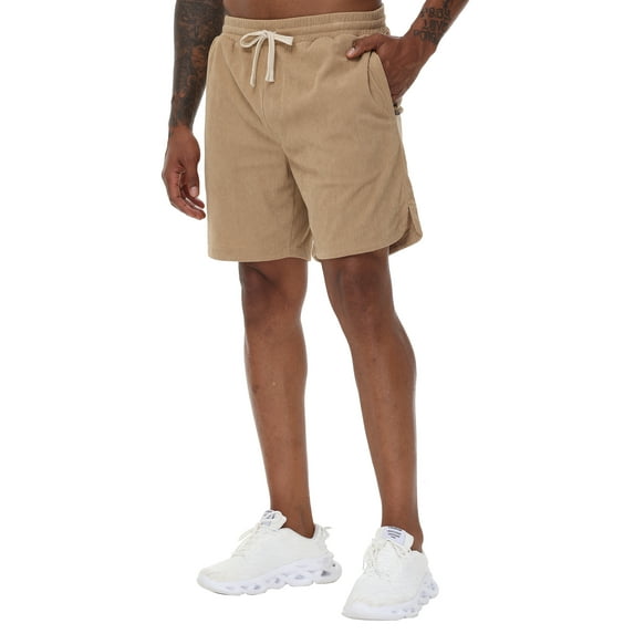 Satankud Men's Corduroy Shorts Casual Elastic Waist Drawstring Lightweight Summer Beach Shorts Side Slit Loose Fit Khaki 40