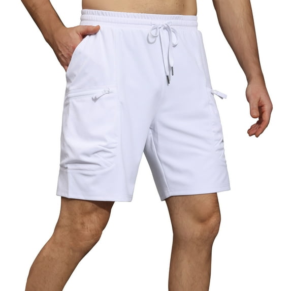 Satankud Mens Knit Plaid Casual Cargo Shorts Zipper Pockets Quick Dry Elastic Waist Cargo Outdoor Hiking Shorts White-38