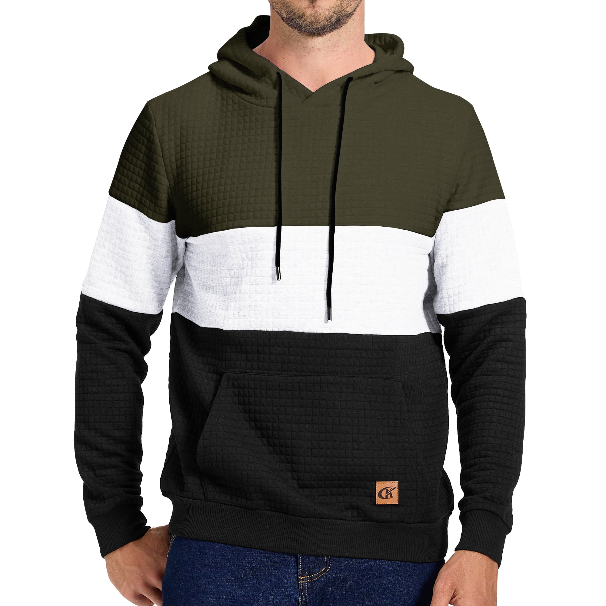 Satankud Men's Pullover Hoodies Plaid Jacquard Color Block Long Sleeve Casual Hooded Sweatshirts with Kanga Pockets Armygreen/White/Black 2XL