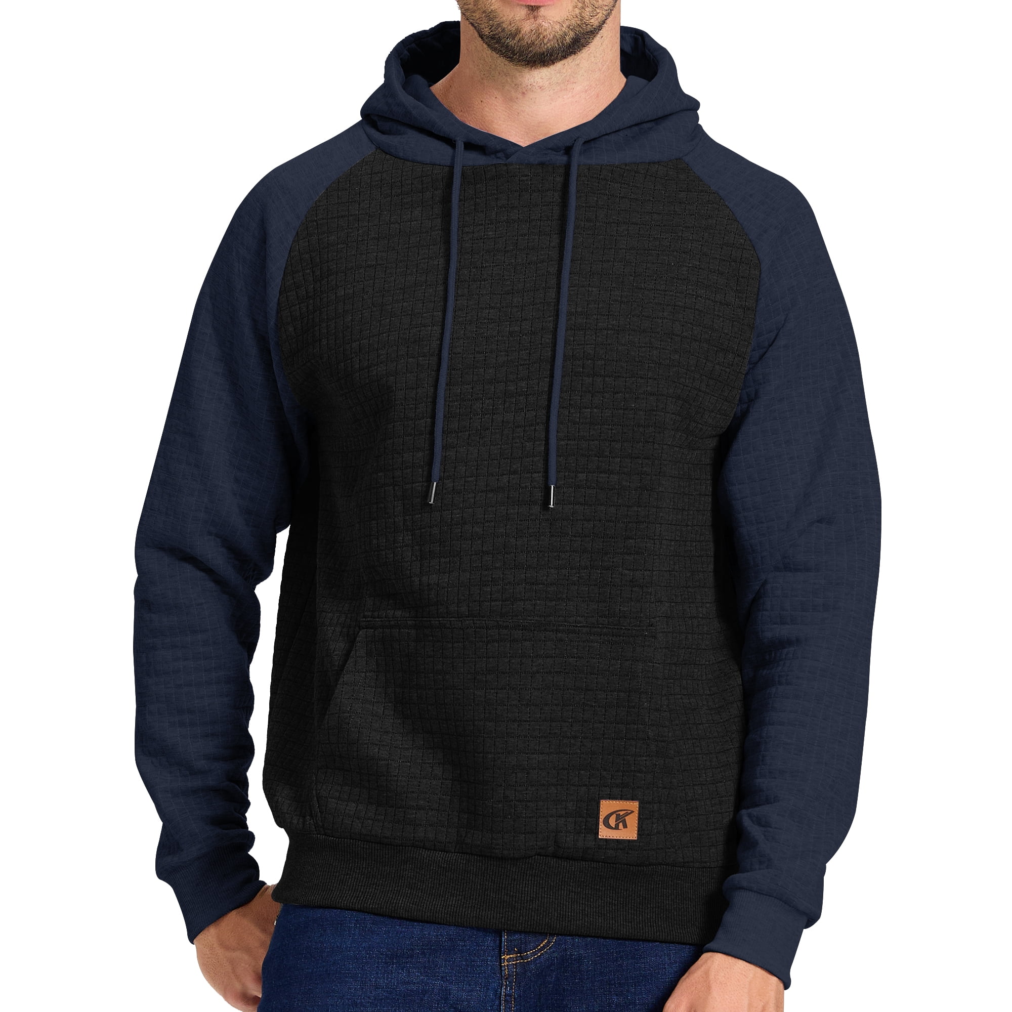 Satankud Men's Pullover Hoodies Plaid Jacquard Color Block Long Sleeve Casual Hooded Sweatshirts with Kanga Pockets Black/Indigo 2XL