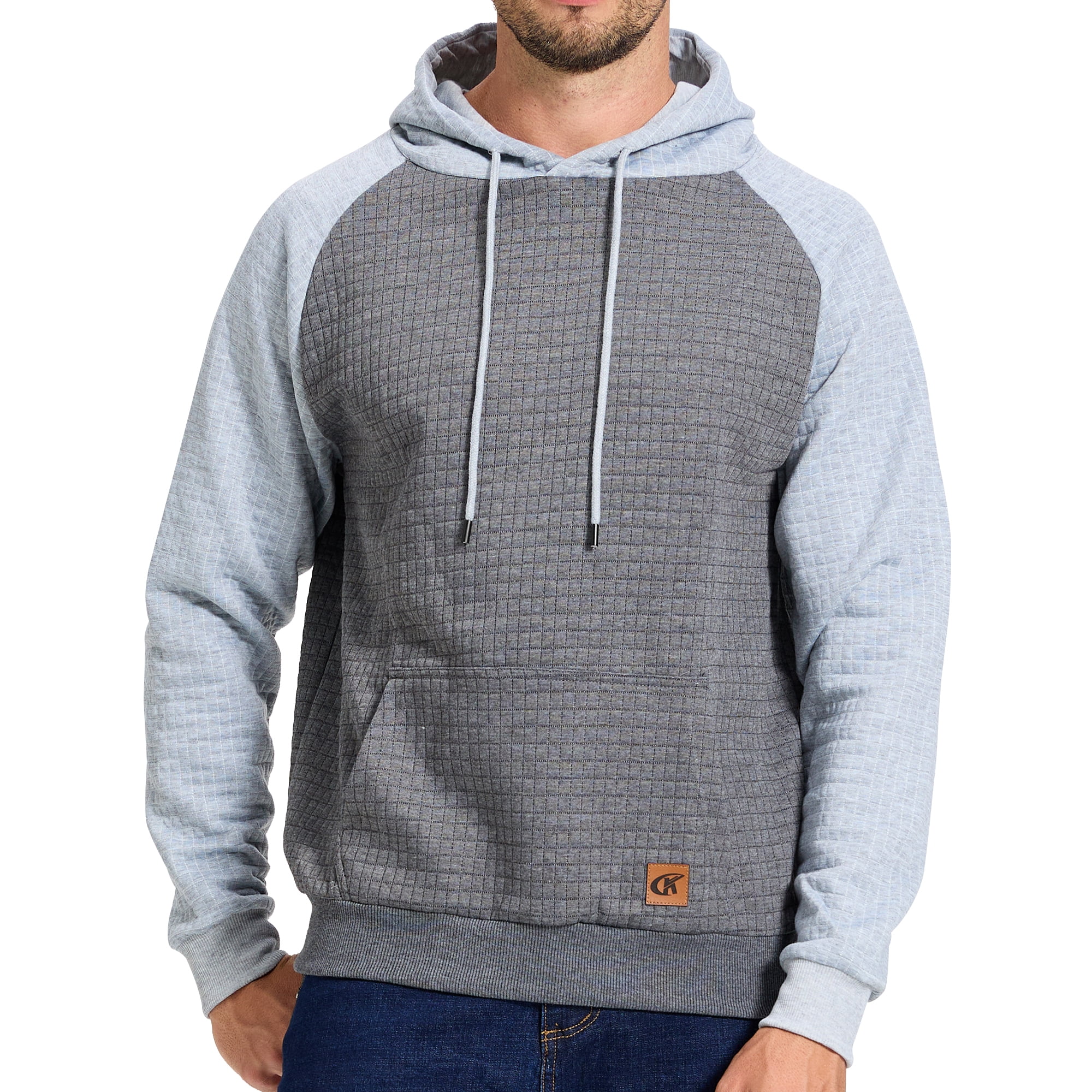Satankud Men's Pullover Hoodies Plaid Jacquard Color Block Long Sleeve Casual Hooded Sweatshirts with Kanga Pockets Grey/Lightgrey L