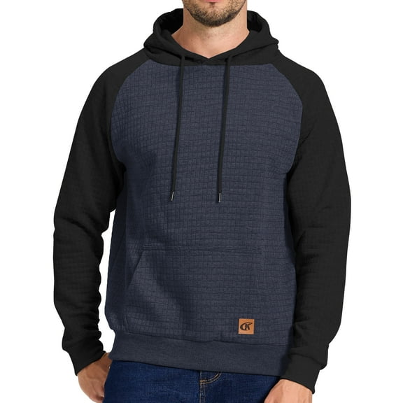 Satankud Men's Pullover Hoodies Plaid Jacquard Color Block Long Sleeve Casual Hooded Sweatshirts with Kanga Pockets Indigo/Black M