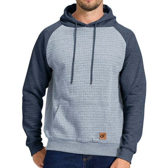 Satankud Men's Pullover Hoodies Plaid Jacquard Color Block Long Sleeve Casual Hooded Sweatshirts with Kanga Pockets Lightgrey/Grey L