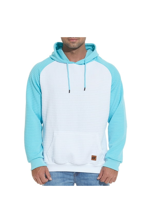 Men's Pullover Hoodies Plaid Jacquard Color Block Long Sleeve Casual Hooded Sweatshirts with Kanga Pockets White/Sky Blue L