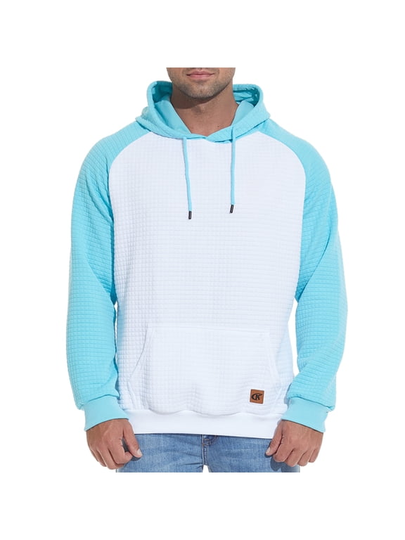 Men's Pullover Hoodies Plaid Jacquard Color Block Long Sleeve Casual Hooded Sweatshirts with Kanga Pockets White/Sky Blue L