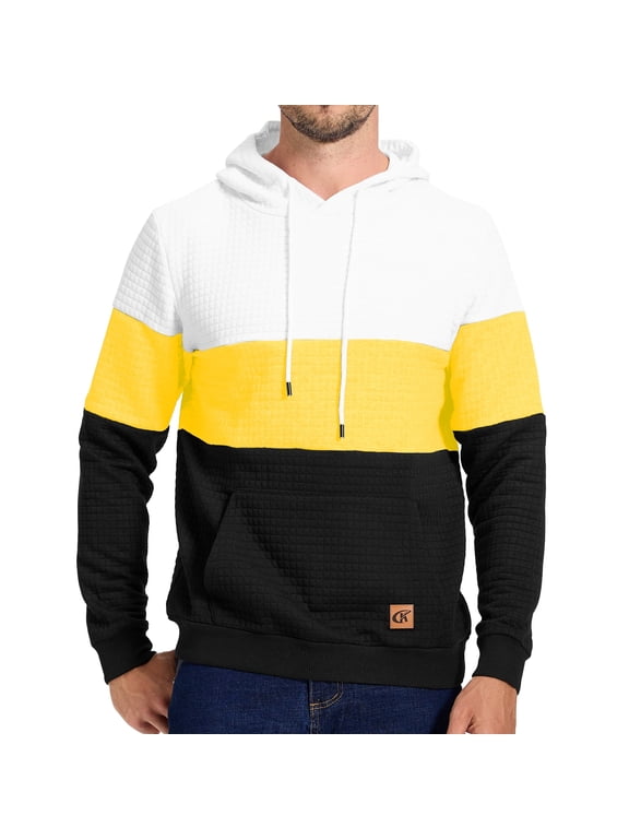 Men's Pullover Hoodies Plaid Jacquard Color Block Long Sleeve Casual Hooded Sweatshirts with Kanga Pockets White/Yellow/Black 2XL