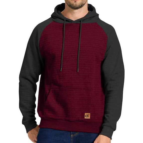Satankud Men's Pullover Hoodies Plaid Jacquard Color Block Long Sleeve Casual Hooded Sweatshirts with Kanga Pockets Winered/Black M
