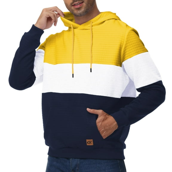 Satankud Men's Pullover Hoodies Plaid Jacquard Color Block Long Sleeve Casual Hooded Sweatshirts with Kanga Pockets Yellow/White/Navyblue L